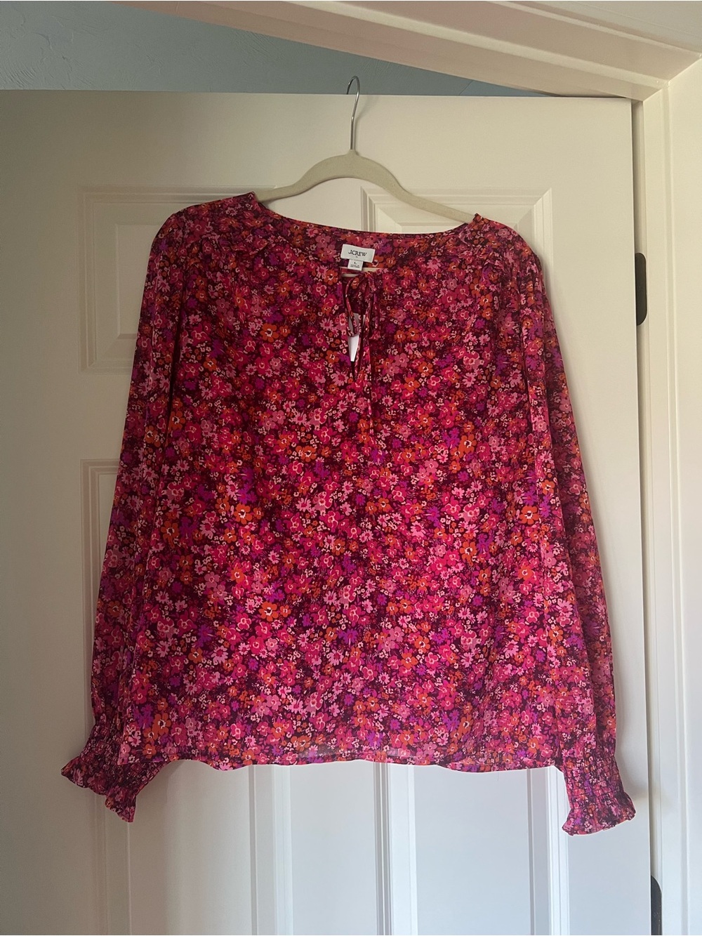 J.Crew Fuchsia Pink Orange Floral Tie-Neck Long Sleeve Blouse